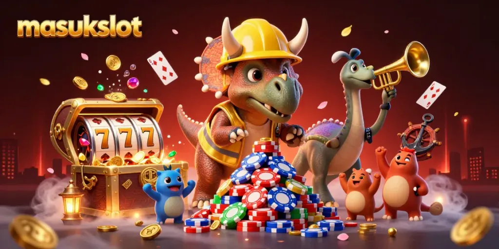 Masukslot merayakan kemenangan dengan triceratops membangun tumpukan chip poker dan karakter menarik di sekitar!