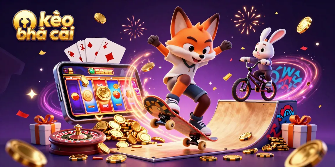 Engaging scene showcasing kèo nhà cái with a vibrant fox and rabbit amidst slot games and poker elements.