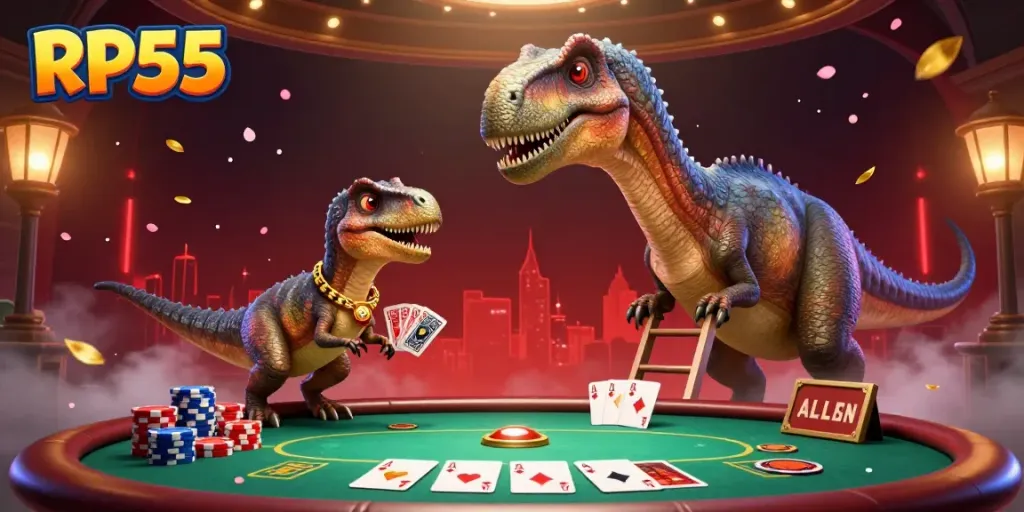 Experience excitement with RP55 in this 3D cartoon casino scene featuring a brontosaurus and raptor at a poker table.