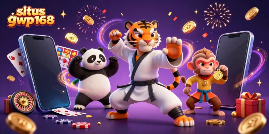 Mengambil tindakan dalam permainan, situs gwp168 menunjukkan tema kasino dengan karakter kartun kung fu.