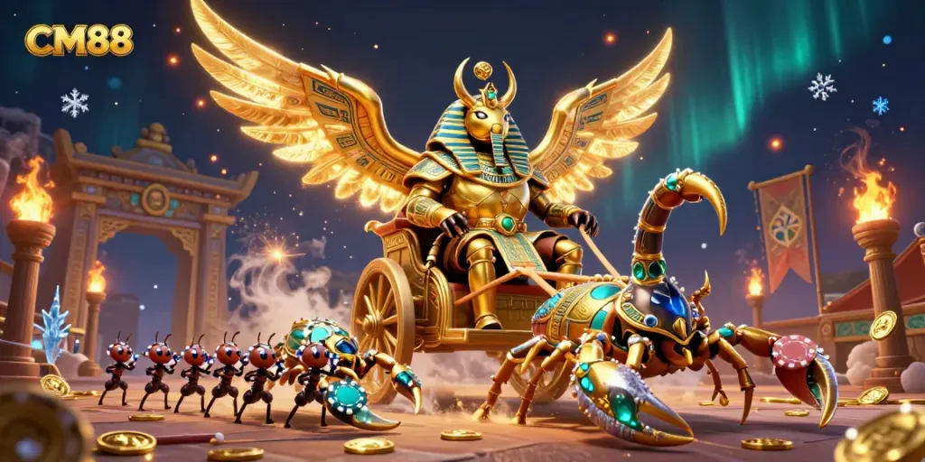 Engage in thrilling experiences at CM88 with a majestic golden scarab beetle and dynamic gambling elements.