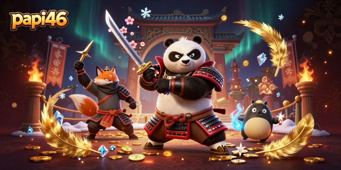 Permainan kasino "papi46" terlihat menarik dengan panda samurai dan rubah ninja yang beraksi.