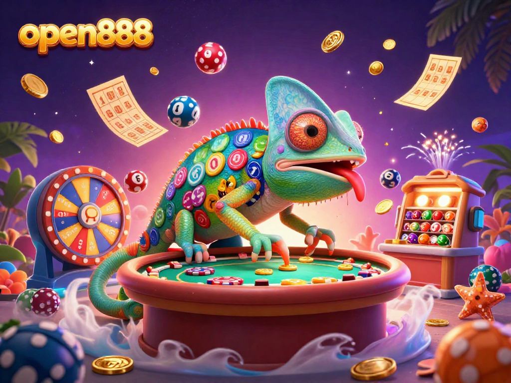 Experience winning moments at open888 with a vibrant, dynamic casino scene filled with lottery balls and prizes