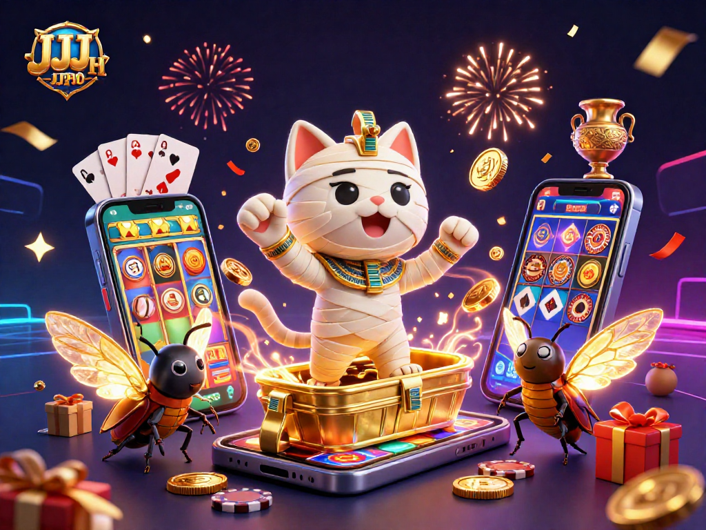 Mag-enjoy ng nakakatuwang JJJPH slots kasama ang 3D cartoon mummy cat at iba pang mga simbolo ng saya.
