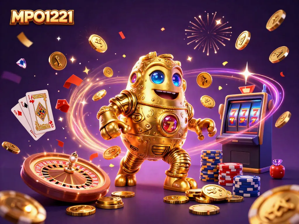 Experience the vibrant energy of MPO1221 with a golden golem and casino symbols in action.