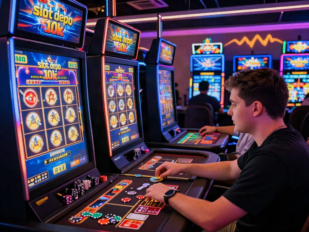 Engaging scene of players in a virtual casino environment featuring slot depo 10k