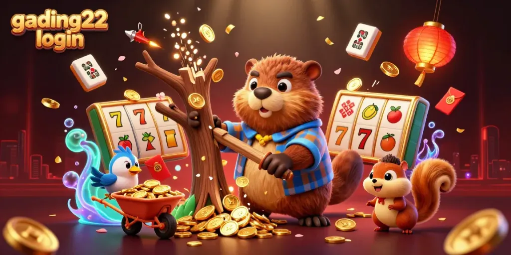 Engage with gading22 login as a cartoon beaver chops a coin-filled tree in a vibrant casino scene.