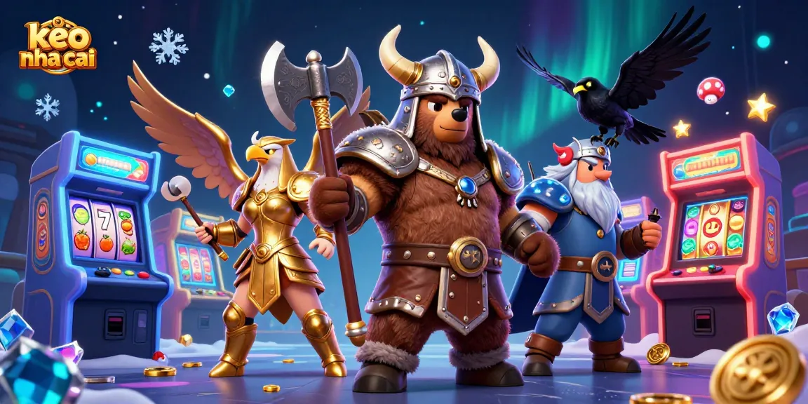 Engage with keo nha cai in this vibrant 3D illustration of a Viking berserker and gaming elements.