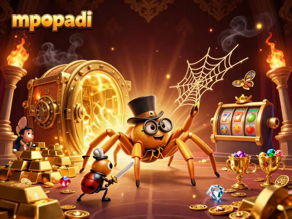 Engage with mpopadi featuring an animated scene of a golden tarantula amidst thrilling slot reels and treasures.