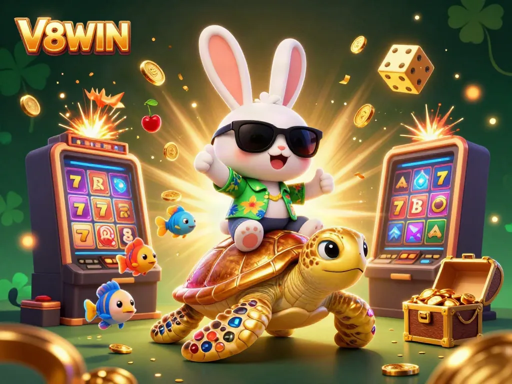 Experience the thrill of V8WIN with vibrant characters, slot machine excitement, and tropical charm.