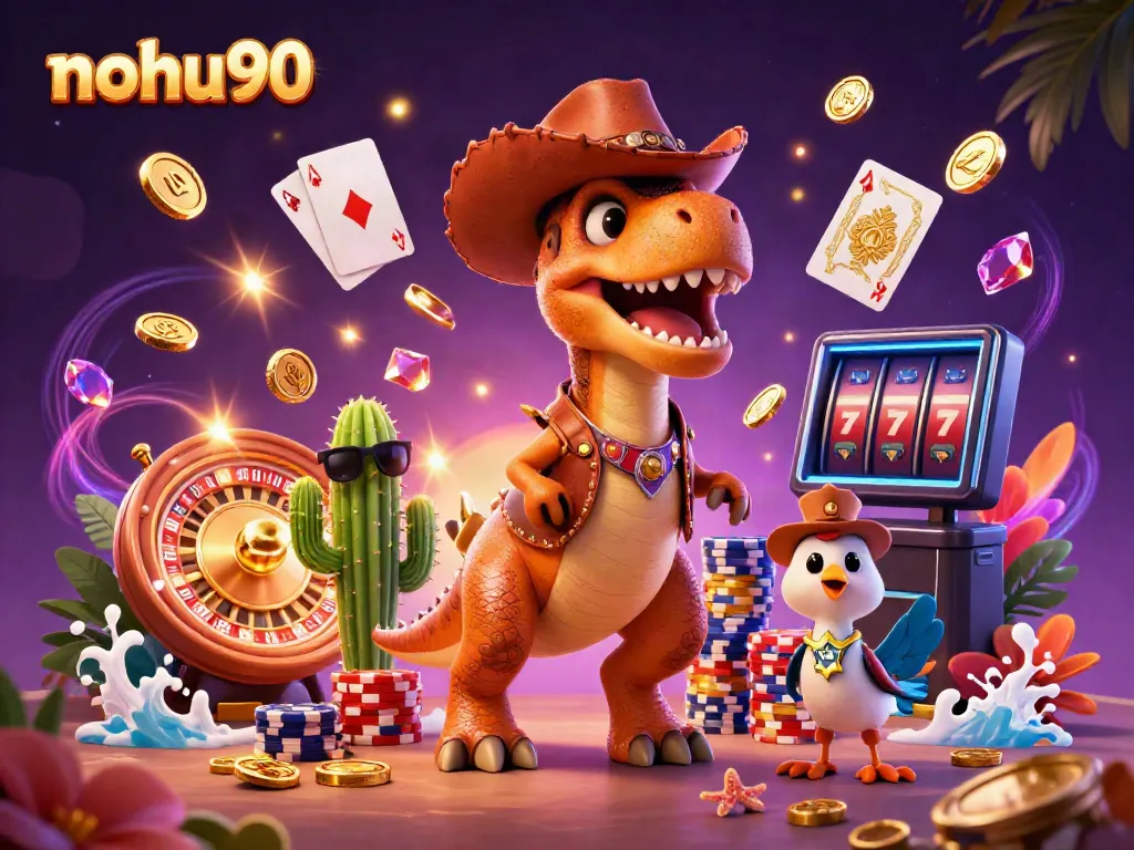 Experience excitement with nohu90 as a cartoon T-Rex spins the roulette wheel amidst flying coins.