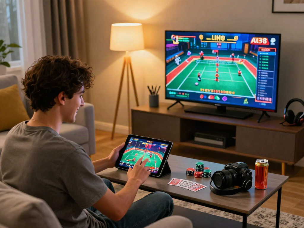Joyful person enjoying ALO8 online gaming in a cozy living room, surrounded by gaming accessories and vibrant decor.