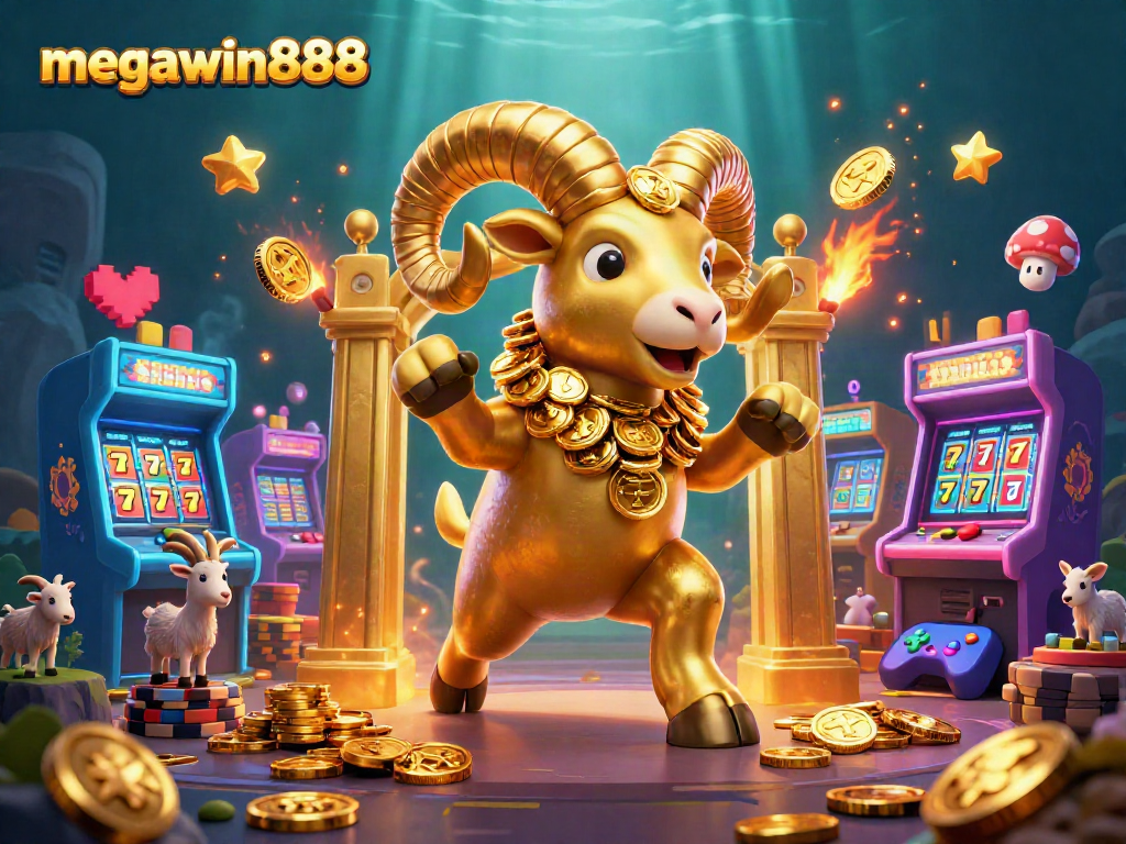 megawin888 menampilkan ilustrasi 3D kartun dengan domba emas dan mesin permainan, cocok untuk casino
