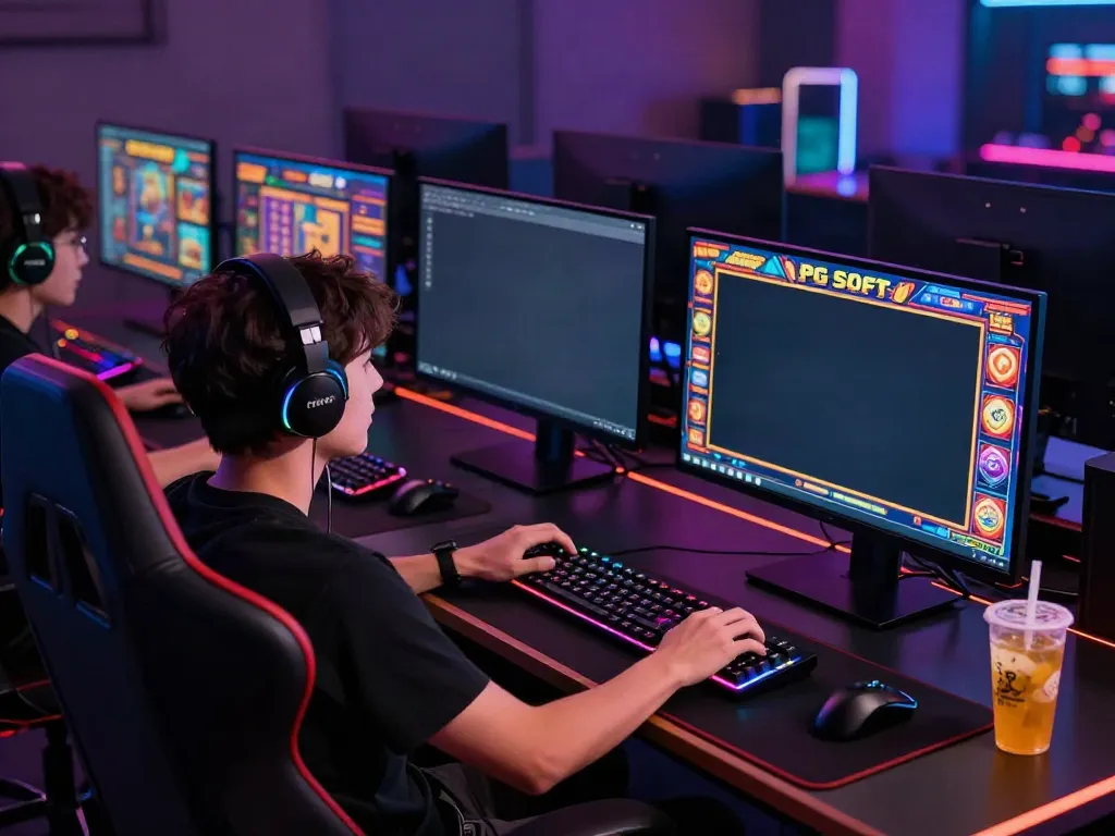 Engaging gamer enjoying Slot MAHJONGJP88 on multiple monitors in a lively setup.