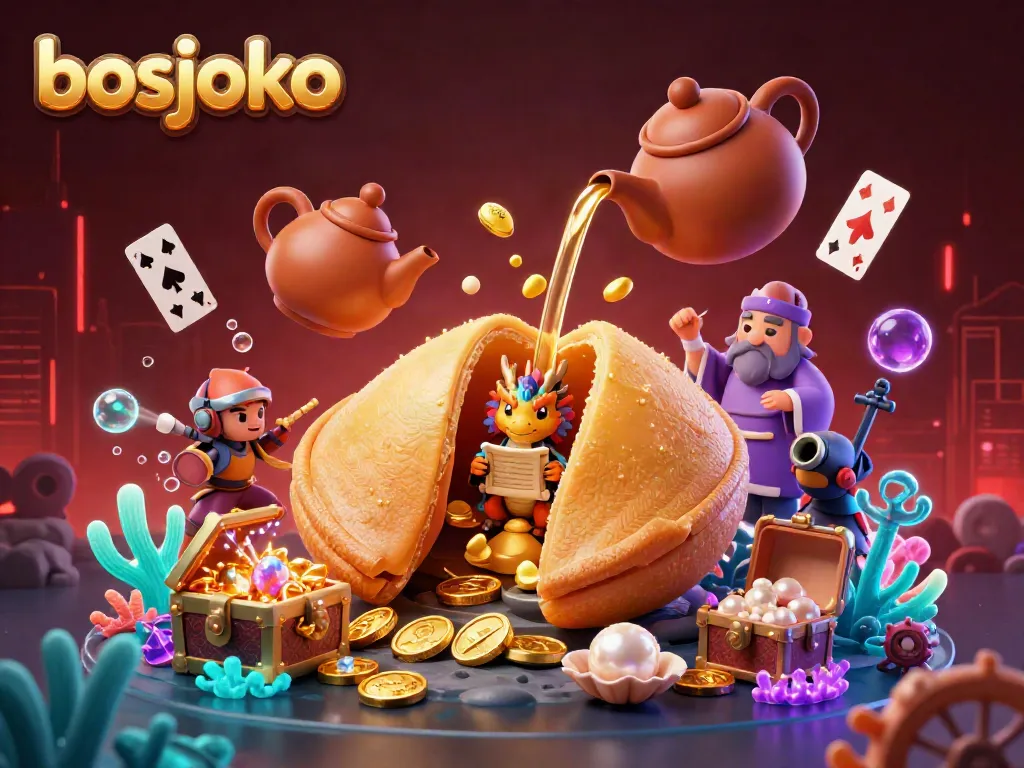 Engage in the vibrant world of bosjoko with a golden fortune cookie scene, revealing hidden treasures.