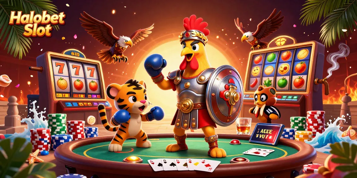 Engage in the Halobet Slot adventure featuring a 3D gladiator rooster and vibrant casino elements.