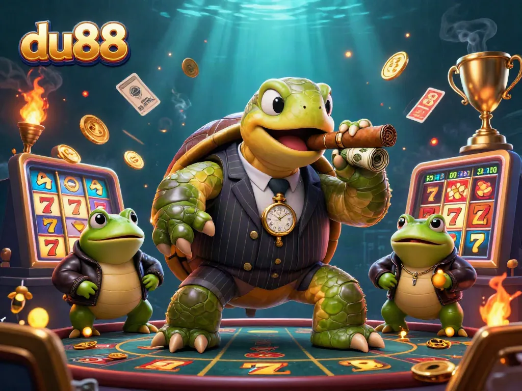 Experience exciting slots gameplay with du88's dynamic cheerful casino illustration filled with action.