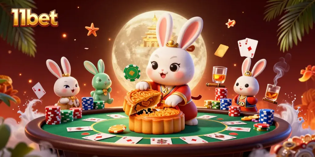 Experience the excitement of 11bet with a lively 3D illustration of casino-themed lunar festivities.