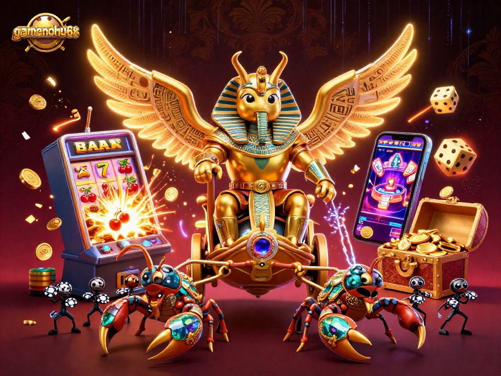 Experience exciting games at gamenohu68 with a vibrant scene featuring a golden scarab beetle and jackpot action!