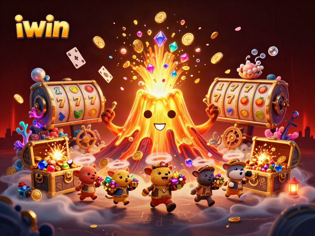 Engage with iwin's thrilling casino adventure featuring a golden volcano and treasure-filled exploration.