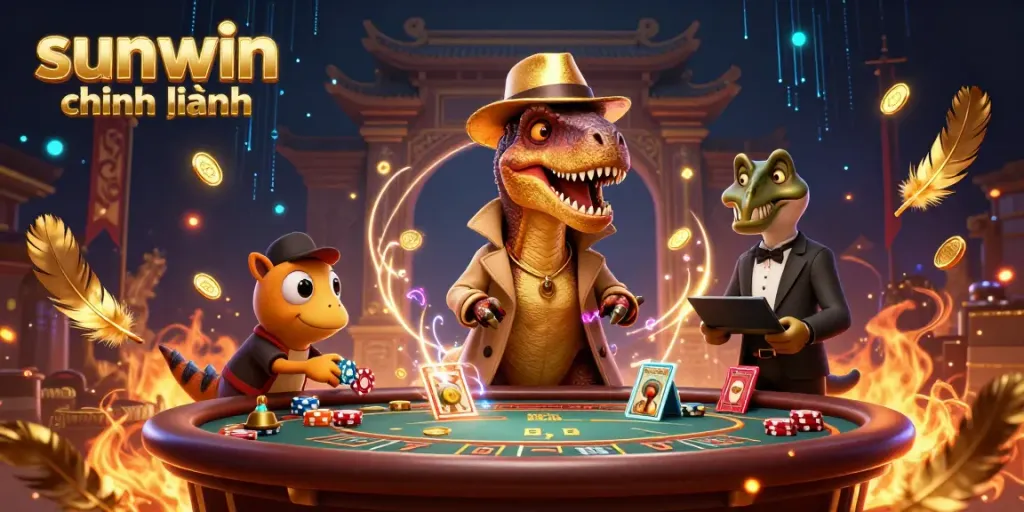 Experience sunwin chính hãng with a playful velociraptor card counter and dynamic casino elements in a vibrant scene.