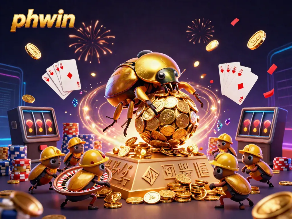 Experience exciting wins at PHWIN with a golden beetle rolling coins in a vibrant casino