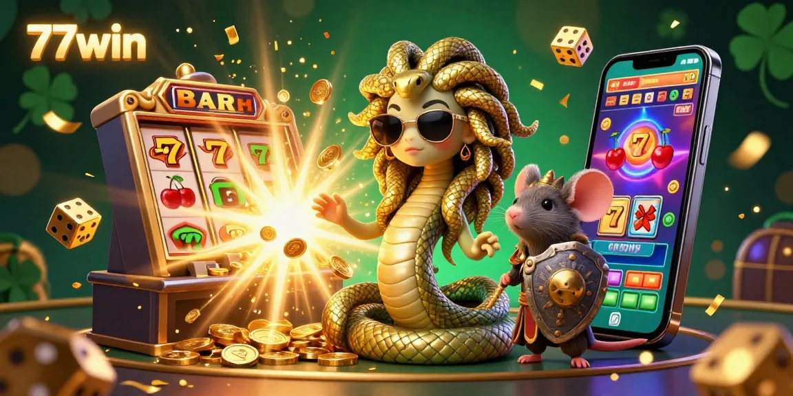Experience the thrill of 77win with jackpot symbols, Medusa, and slot machines in an exciting casino scene.
