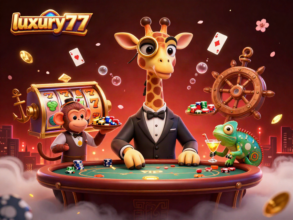 Luxury777 memicu keberuntungan di meja poker dengan jerapah, monyet, dan chameleon dalam kasino yang megah.