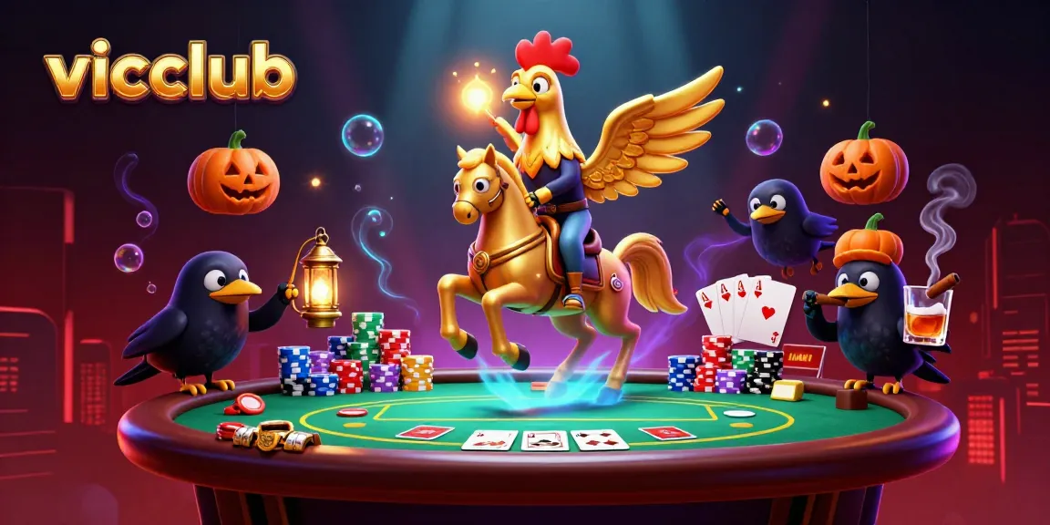 Engage with vicclub's vibrant casino ambiance featuring a golden rooster, poker elements, and lantern-carrying crows.