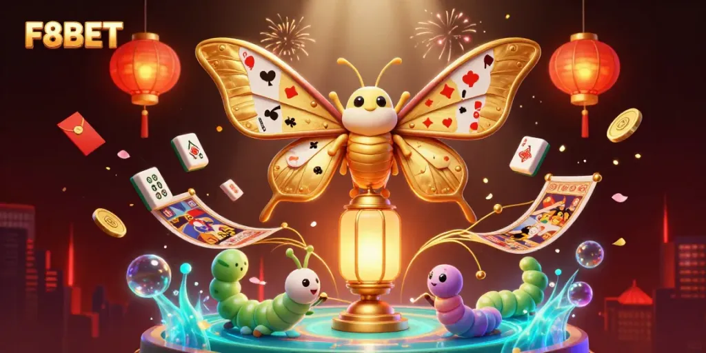 Experience the excitement of F8BET with an animated golden moth and vibrant casino elements.
