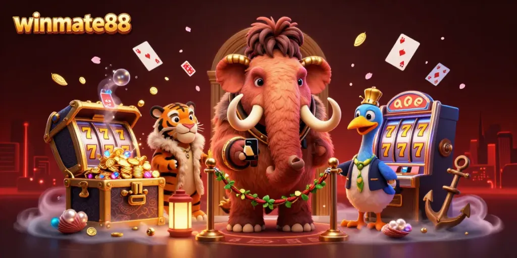 Experience the excitement of winmate88 with a vibrant 3D scene featuring a woolly mammoth and slots around.