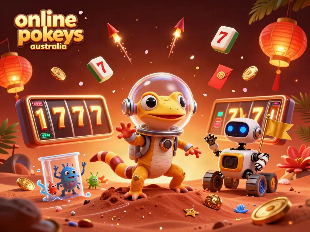 Experience the vibrant world of online pokies Australia with a Martian gecko discovering a golden casino.