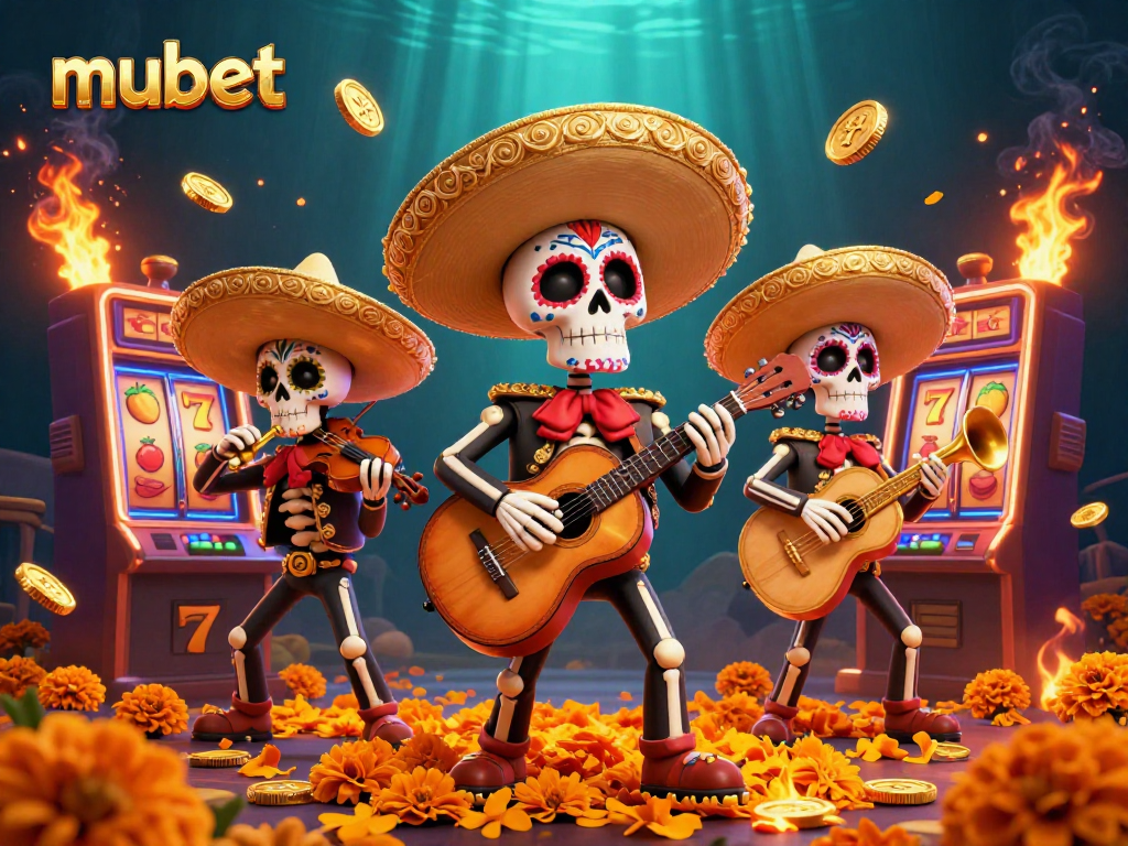 Experience the excitement of mubet with a vibrant Day of the Dead mariachi scene featuring lively slot machines.