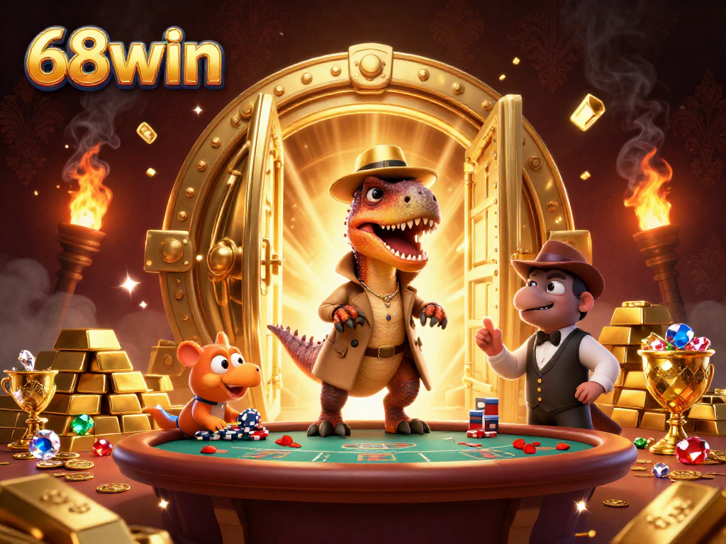 68win offers a dynamic casino scene with cartoon velociraptor and rich gold elements.