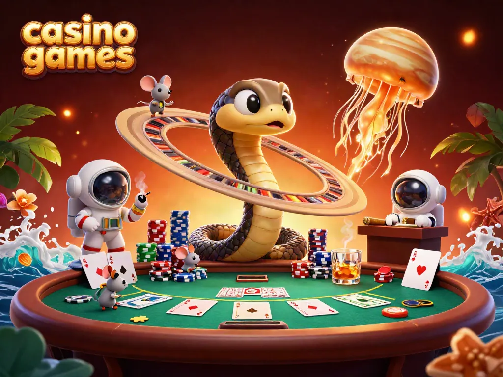 Experience thrilling casino games with a cosmic touch in this vibrant illustration.