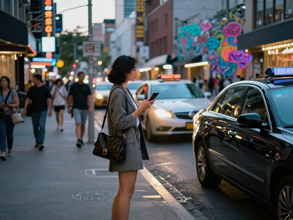 Gái gọi trong không gian thành phố năng động, chờ xe trong ánh đèn neon.