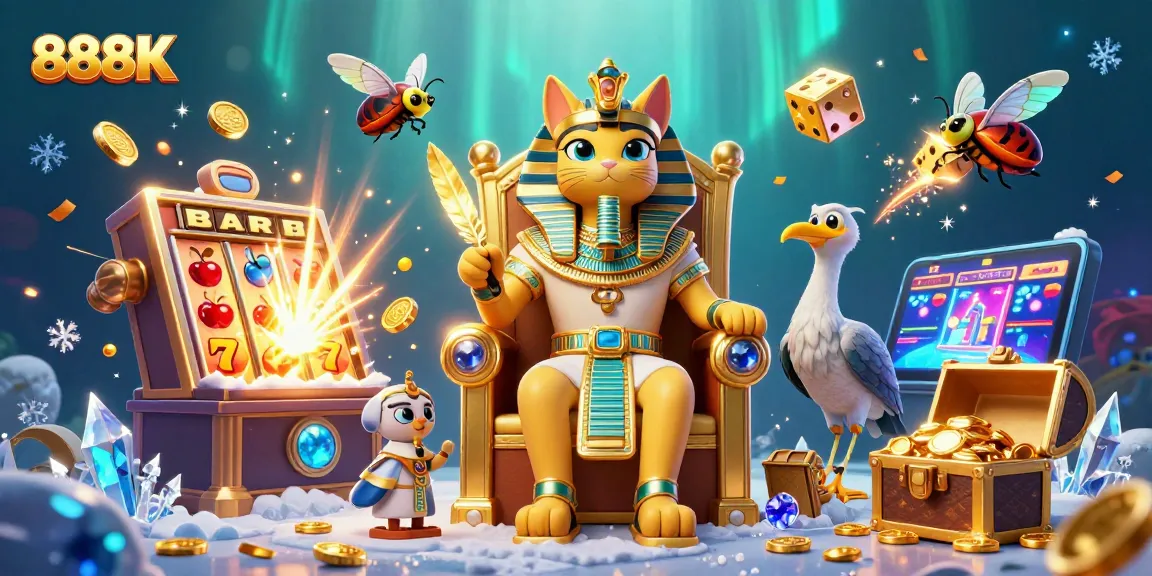 Win big with 888K at the vibrant casino, featuring a 3D Egyptian pharaoh and slot machine delights!