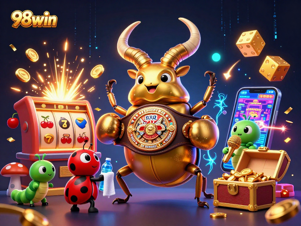 98win delivers thrilling casino wins with a 3D golden stag beetle champion amidst lively gaming elements.