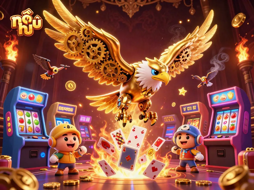 Nổ hũ slots feature vibrant gameplay with a cybernetic eagle in a dazzling casino scene.