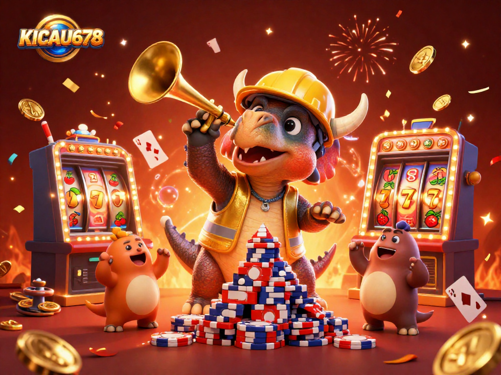 KICAU678 celebrates with a triceratops building poker chips amidst vibrant casino elements.