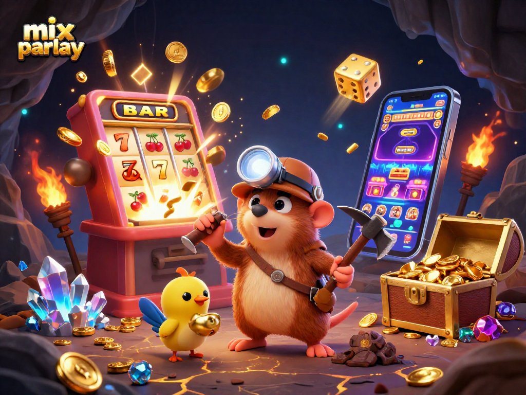 Experience thrilling mix parlay betting with a treasure hunter mole and slot machine in action.