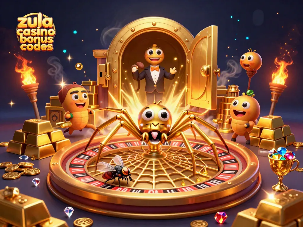Explore zula casino bonus codes with a vibrant 3D scene showcasing festive gambling elements and characters.