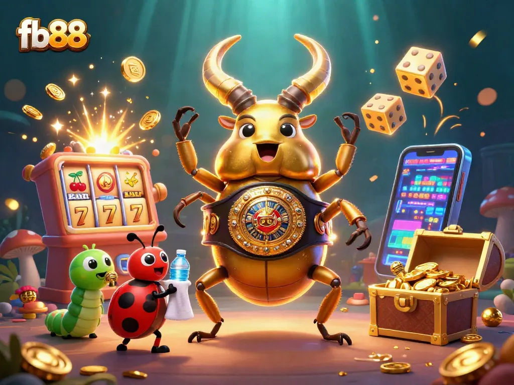 Experience thrilling jackpots at fb88 with an ultra-detailed 3D casino scene featuring a golden stag beetle champion.