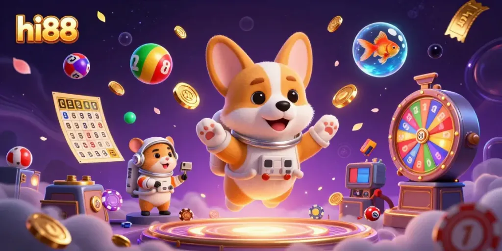 Experience the thrilling casino adventure at hi88 with an astronaut corgi and engaging game elements.