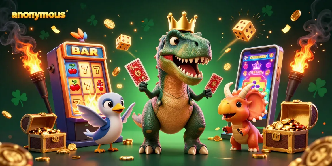 Engage with anonymous casino excitement as a T-Rex shuffles cards and a pterodactyl assists in vibrant 3D.
