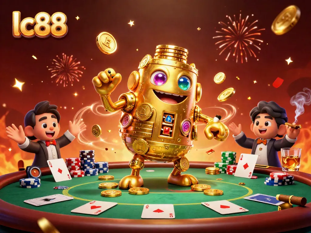 Engage in thrilling casino action with lc88, featuring a golden golem amidst poker elements and celebration.