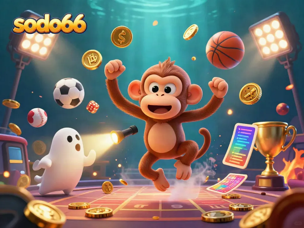 Experience the excitement of sodo66 as a mischievous monkey juggles golden coins in a lively casino.