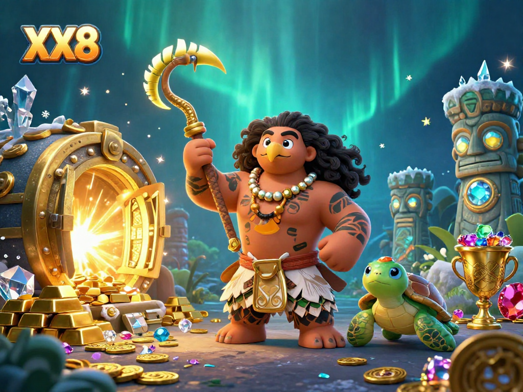Engage in thrilling gameplay at XX8 with dynamic 3D illustration featuring a Polynesian demigod and treasure elements.