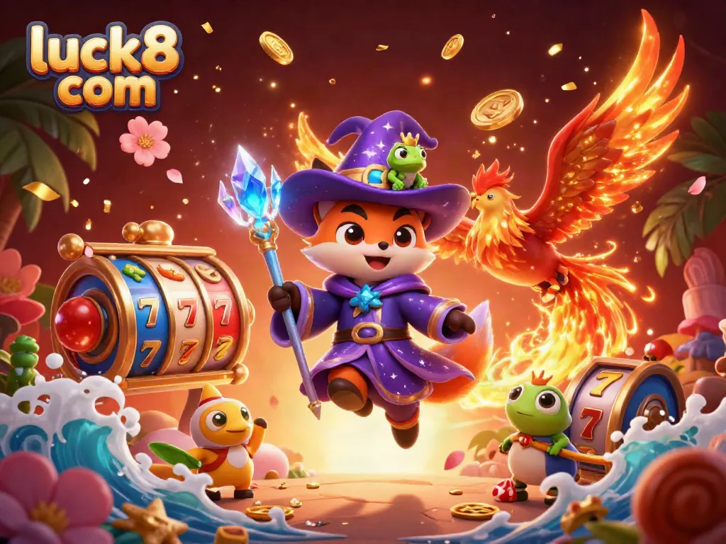 Experience the excitement of luck8 com with a vibrant 3D casino rendering, featuring a wizard fox and phoenix.
