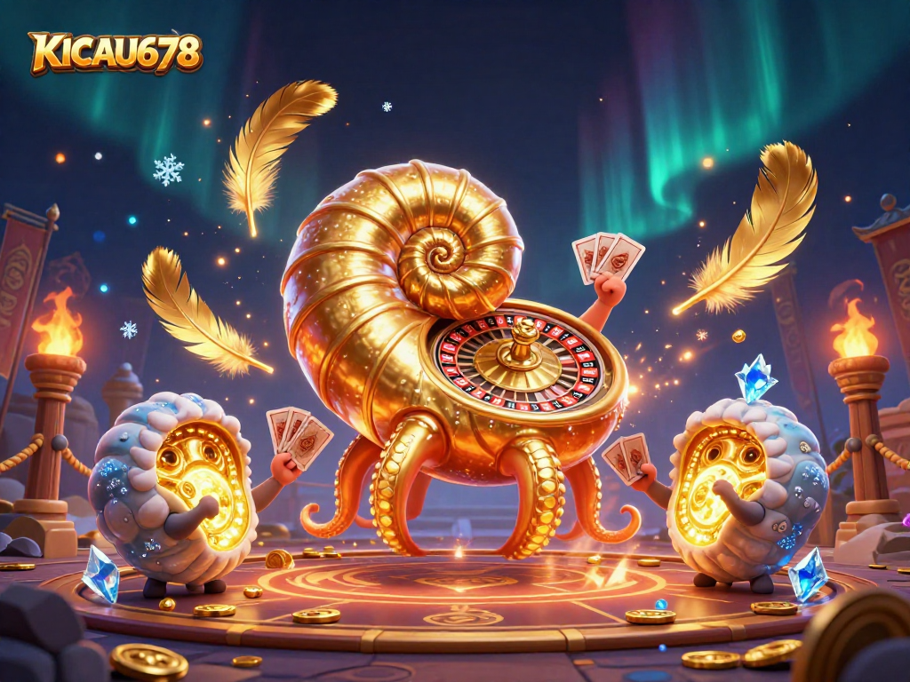 KICAU678 showcases a vibrant casino scene with a giant nautilus roulette wheel and glowing ammonite companions.